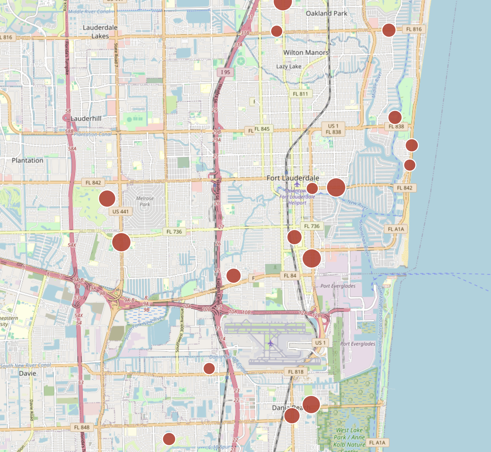 South Florida map with inspection violation pins